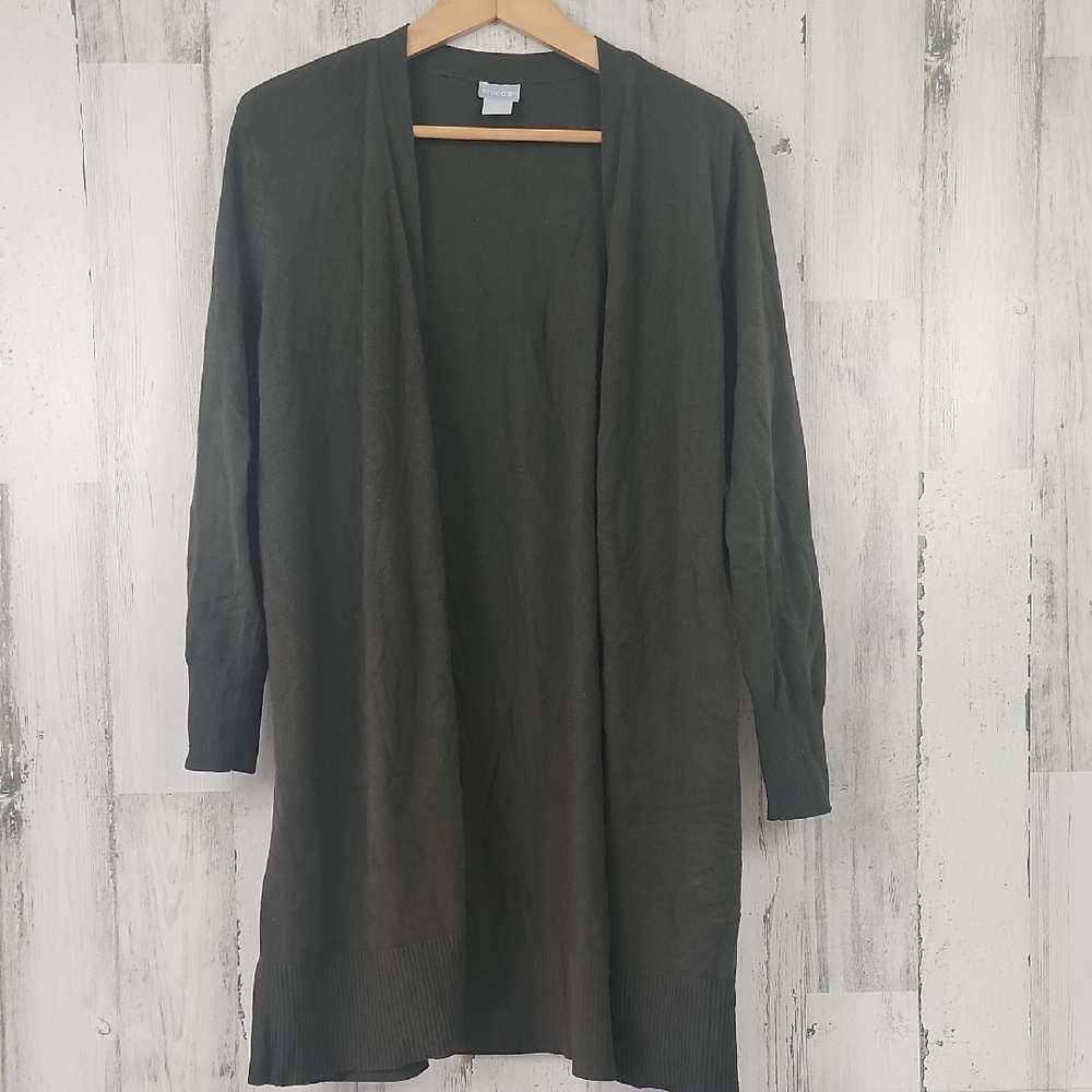 Chico's Deep Olive Cardigan Sweater Long Length Size Large (Chico's 2)
